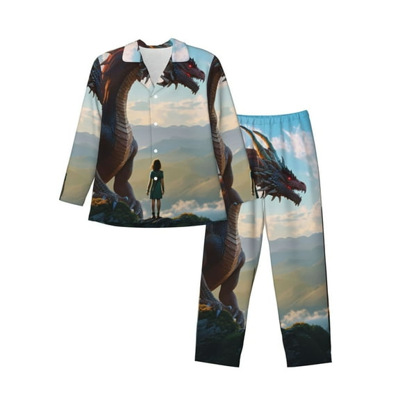 Lsque Clear Sky Mountain Red Dragon Pattern Long Sleeve Pajama Set for Men - Soft 2-Piece Sleepwear and Loungewear Set with Pockets, Comfy Nightwear-Medium