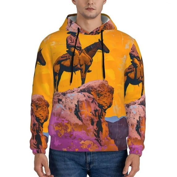 Lsque Cliff Western Cowboy Pattern Casual Men's Hoodie,Hooded Sweatshirt with Kangaroo Pocket,Pullover Hoodie-Medium
