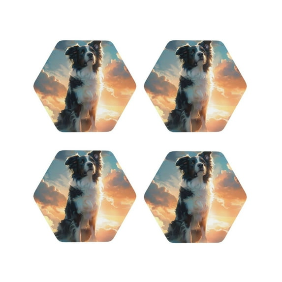 Lsque Cloud Border Collie Pattern 4" Drink Coasters Set of 4, PVC Leather Absorbent Coasters, Table Coaster Set Decorative Coffee Cup Coasters Housewarming Gift -Hexagon