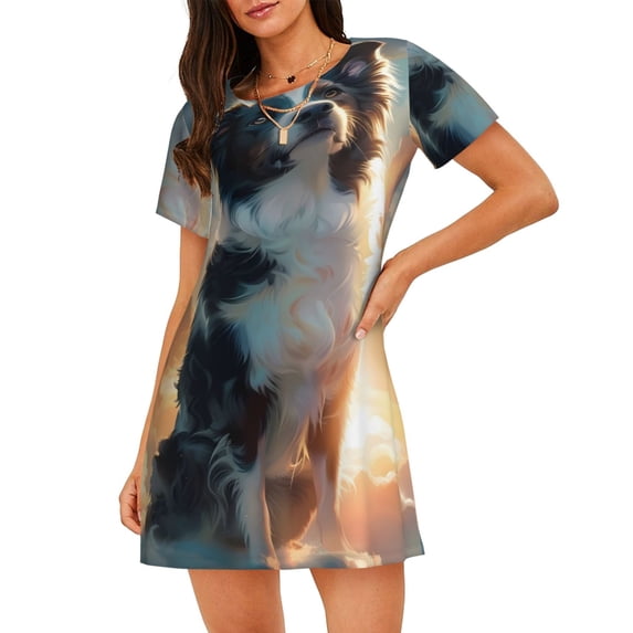 Lsque Cloud Border Collie Pattern Nightgowns for Women Sleep Shirts Short Sleeve Nightshirt Pullover Nightdress Soft Sleepwear Relaxed Fit Nightdress