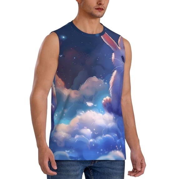Lsque Cloud Cute Rabbit Print Men's Cotton Blend Sleeveless Muscle Shirts (S-3XL)- Moisture Wicking, Odor Protection, UPF 30+,XX-Large