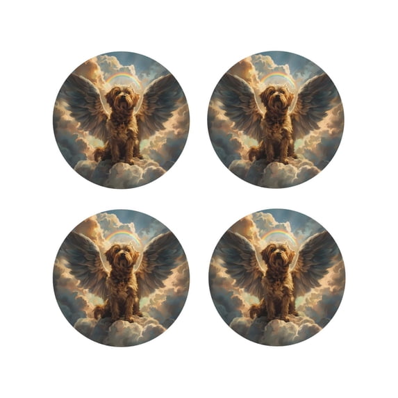 Lsque Cloud Rainbow Winged Dog Pattern 4" Drink Coasters Set of 4, PVC Leather Absorbent Coasters, Table Coaster Set Decorative Coffee Cup Coasters Housewarming Gift -Round Shape