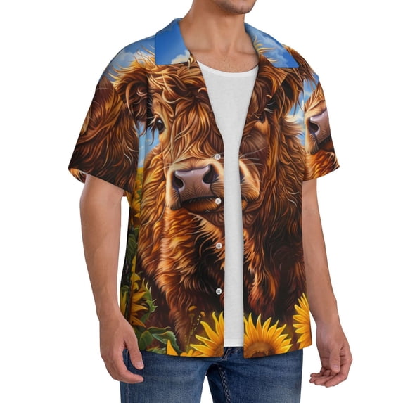 Lsque Cloud Sky Sunflower Cow print Men's Cuban Collar Short Sleeve Shirt Summer Beachwear Casual Button Down Fashionable Vacation Leisure Shirt-Medium