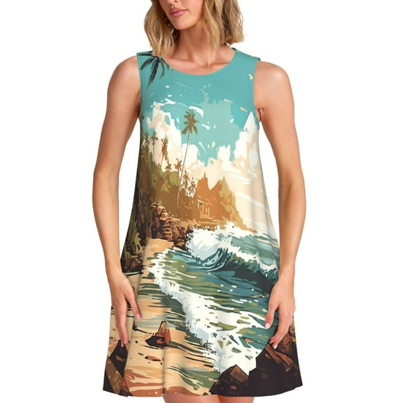 Lsque Coastal Palm Beach Pattern Summer Dresses for Women – Sleeveless T-Shirt Swing Sundress, Perfect for the Beach and Casual Days