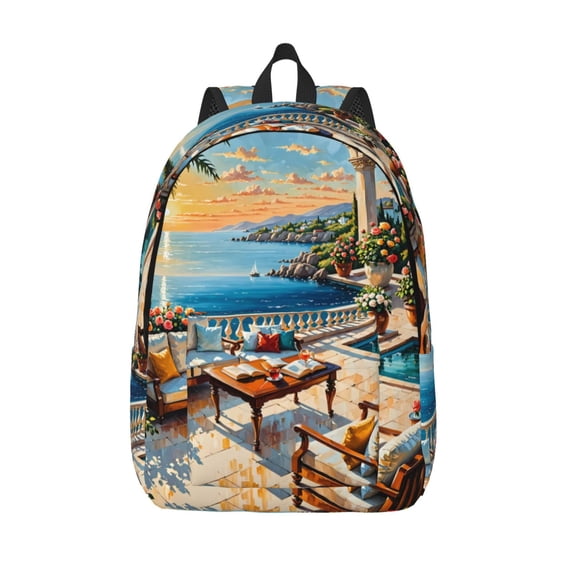 Lsque Coastal Style Garden Villa Pattern Canvas Daypack, Durable Backpack, High-quality Versatile Backpack,Vintage Compact Backpack-Medium