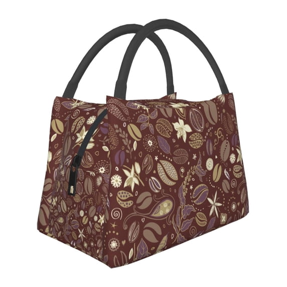 Lsque Coffee and Flowers Pattern Portable Insulation Lunch Bag, Insulated Food Delivery Bag, Meal Grocery Tote Insulation Bag Large Capacity Reusable Warming Bag
