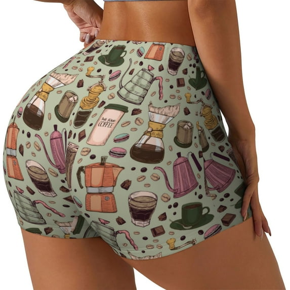 Lsque Coffee Makers Macaroons Chocolate Pattern High Waisted Biker Shorts for Women-Tummy Control Fitness Athletic Workout Running Yoga Gym Shorts,Moisture-Wicking-Medium
