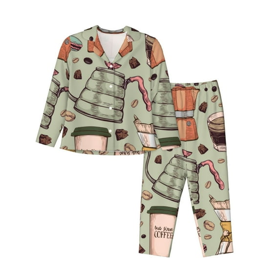 Lsque Coffee Makers Macaroons Chocolate Pattern Long Sleeve Pajama Set for Women - Soft 2-Piece Sleepwear and Loungewear Set with Pockets, Comfy Nightwear-Small