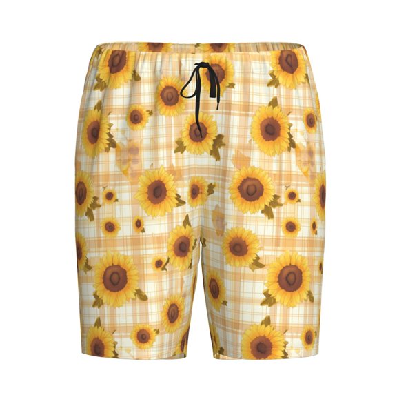 Lsque Coffee Plaid Sunflower Mens Sleep Pajama Shorts,Short Pajama Pants, Cotton Ultra-Soft Knit-Large