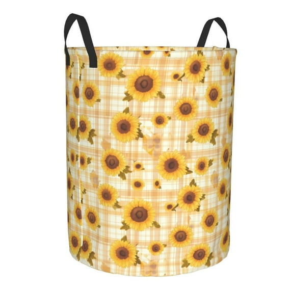 Lsque Coffee Plaid Sunflower pattern Laundry Hamper Basket, Tall Woven Rope Hamper Basket for Clothes, Lightweight Storage Basket, Collapsible Waterproof-Medium