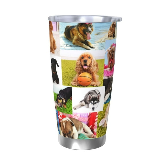 Lsque Collage of pretty dogs Pattern 20oz Car Cup with Lid and Straw, Insulated Coffee Cup with Straw Topper, Spill Proof Travel Coffee Mug, Stainless Steel Tumble-Without Straw