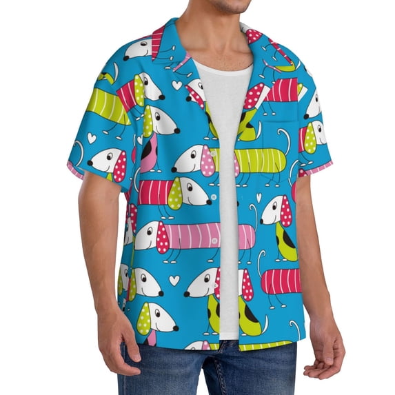 Lsque Color Dachshund Dog print Men's Cuban Collar Short Sleeve Shirt Summer Beachwear Casual Button Down Fashionable Vacation Leisure Shirt-3X-Large