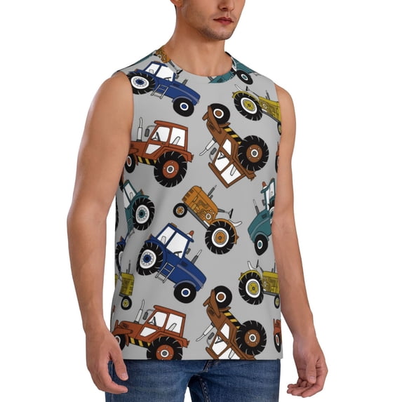 Lsque Color Tractor Print Men's Cotton Blend Sleeveless Muscle Shirts (S-3XL)- Moisture Wicking, Odor Protection, UPF 30+,Large