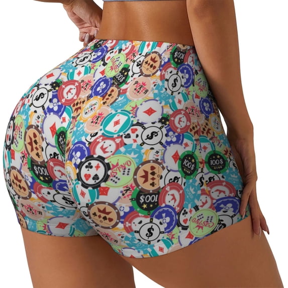 Lsque Colored Casino Chips Pattern High Waisted Biker Shorts for Women-Tummy Control Fitness Athletic Workout Running Yoga Gym Shorts,Moisture-Wicking-Small