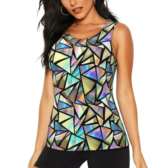 Lsque Colored Glass Printed Workout Tank Tops for Women, Athletic Sports Tank Tops, Compression Sleeveless Dry Fit Shirts,Sleeveless Yoga Shirt-Large