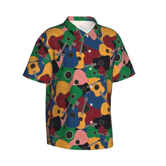 Lsque Colored Guitars pattern Hawaiian Shirt for Men, Unisex Summer Beach Casual Short Sleeve Button Down Shirts-X-Large