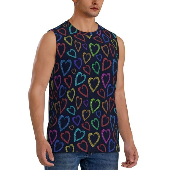 Lsque Colored Hearts Print Men's Cotton Blend Sleeveless Muscle Shirts (S-3XL)- Moisture Wicking, Odor Protection, UPF 30+,X-Large