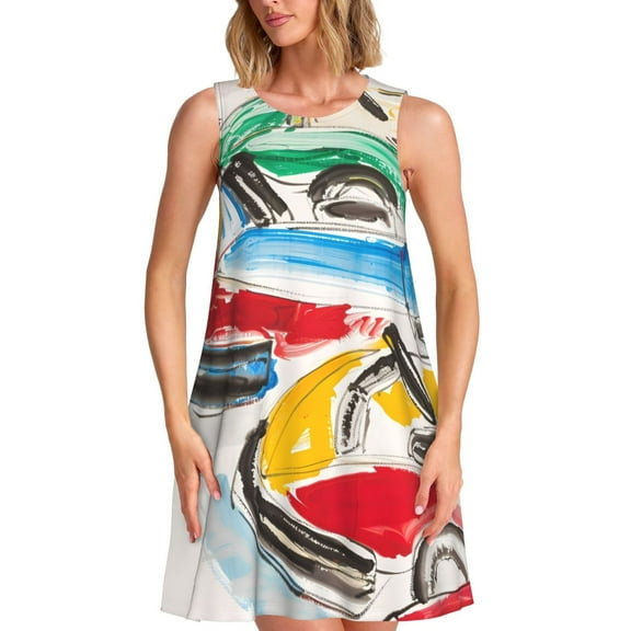 Lsque Colorful Abstract Bumper Cars Pattern Summer Dresses for Women – Sleeveless T-Shirt Swing Sundress, Perfect for the Beach and Casual Days