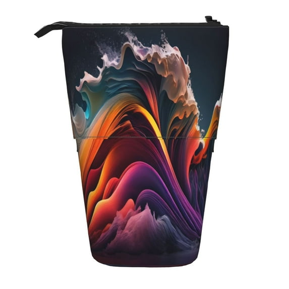 Lsque Colorful Abstract Wave Motion Pattern Telescopic Pencil Bag Pen Holder Stationery Case, Stand-up Retractable Transformer Bag Organizer