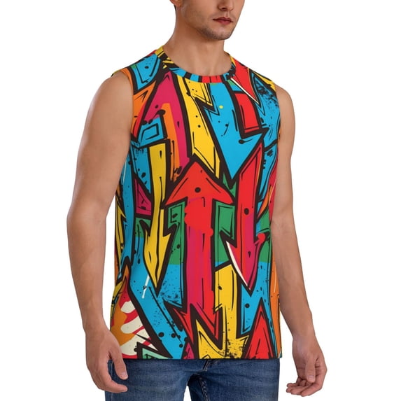 Lsque Colorful Arrow Graffiti Pattern Print Men's Cotton Blend Sleeveless Muscle Shirts (S-3XL)- Moisture Wicking, Odor Protection, UPF 30+,Small