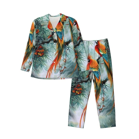 Lsque Colorful Birds Pine Branch Pattern Long Sleeve Pajama Set for Men - Soft 2-Piece Sleepwear and Loungewear Set with Pockets, Comfy Nightwear-Medium