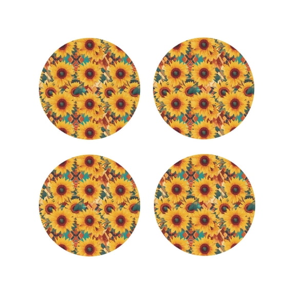 Lsque Colorful Bohemian Sunflower Pattern 4" Drink Coasters Set of 4, PVC Leather Absorbent Coasters, Table Coaster Set Decorative Coffee Cup Coasters Housewarming Gift -Round Shape