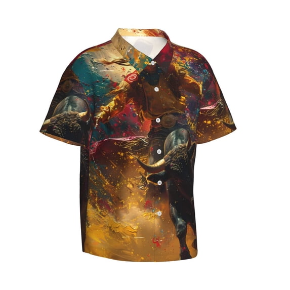 Lsque Colorful Bull Western Man pattern Hawaiian Shirt for Men, Unisex Summer Beach Casual Short Sleeve Button Down Shirts-Small