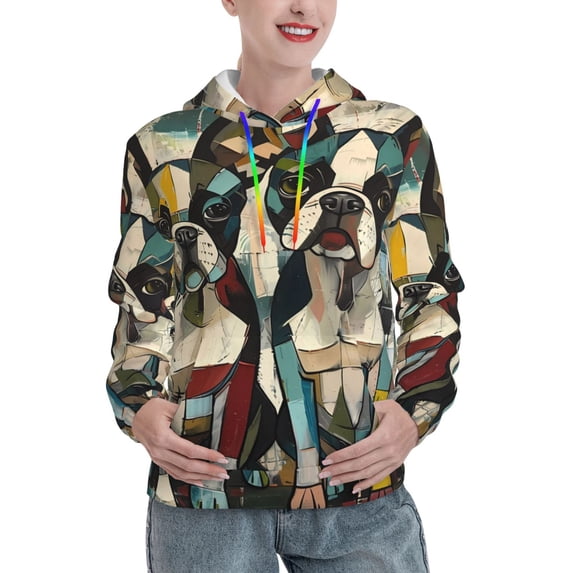 Lsque Colorful Bulldog Duo Pattern Casual Women's Hoodie,Hooded Sweatshirt with Kangaroo Pocket,Pullover Hoodie with Eye-catching Drawstrings-XX-Large