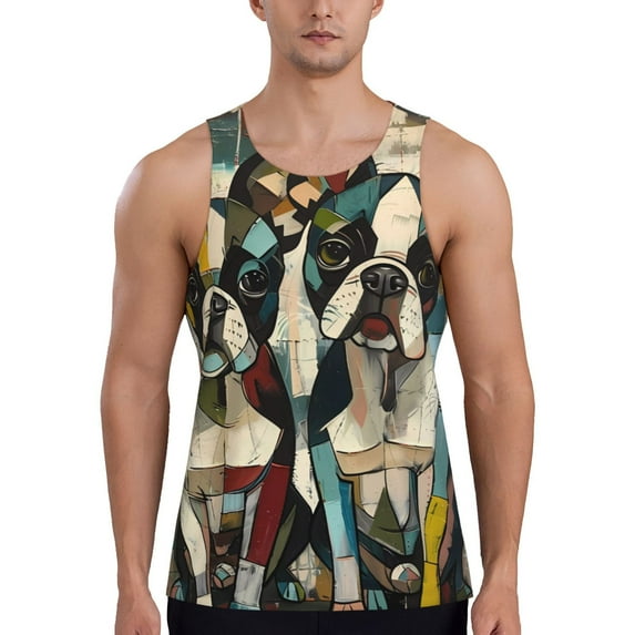 Lsque Colorful Bulldog Duo Pattern Mens Tank Tops Muscle Athletic Quick Dry Sleeveless Workout Fitness T Shirts Beach Tank Top, Loose-fit Sleeveless Shirt for Men-Medium