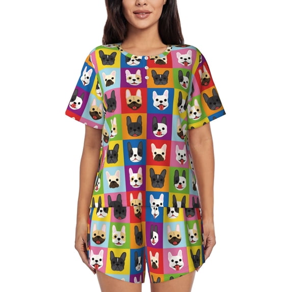 Lsque Colorful Bulldog Women's Short-Sleeved Pajama Set - 2 Piece Soft and Lightweight Sleepwear Set-X-Large