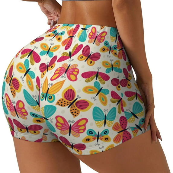 Lsque Colorful Butterflies Pattern High Waisted Biker Shorts for Women-Tummy Control Fitness Athletic Workout Running Yoga Gym Shorts,Moisture-Wicking-