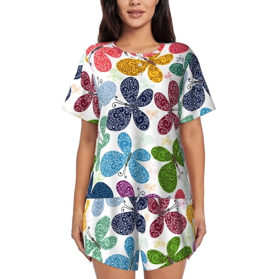 Lsque Colorful Butterflies Women's Short-Sleeved Pajama Set - 2 Piece Soft and Lightweight Sleepwear Set-Large