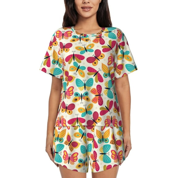 Lsque Colorful Butterflies Women's Short-Sleeved Pajama Set - 2 Piece Soft and Lightweight Sleepwear Set-Small