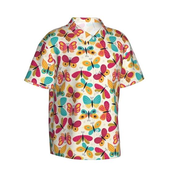 Lsque Colorful Butterflies pattern Hawaiian Shirt for Men, Unisex Summer Beach Casual Short Sleeve Button Down Shirts-Large