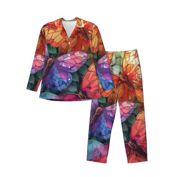 Lsque Colorful Butterfly Cluster Pattern Long Sleeve Pajama Set for Men - Soft 2-Piece Sleepwear and Loungewear Set with Pockets, Comfy Nightwear-Large