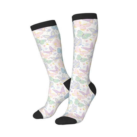 Lsque Colorful Butterfly Printed Crew Socks Men's Women's LightWeight Thin Casual Calf Socks ,Knee High Socks,Cotton Socks