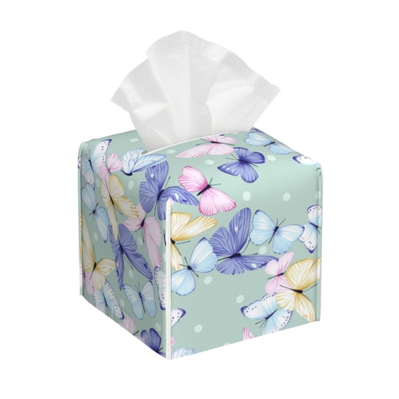 Lsque Colorful Butterfly Printed Tissue Box Cover Holder, Facial Paper Organizer Dispenser,Square with Bottom Belt, PVC Leather Decorative Organizer
