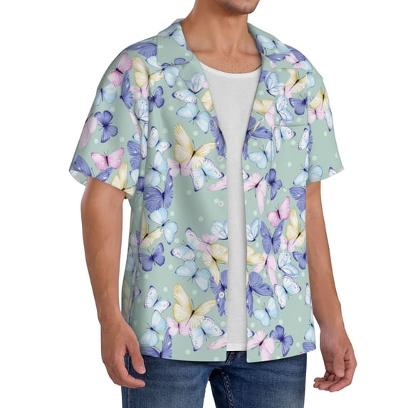 Lsque Colorful Butterfly print Men's Cuban Collar Short Sleeve Shirt Summer Beachwear Casual Button Down Fashionable Vacation Leisure Shirt-Small