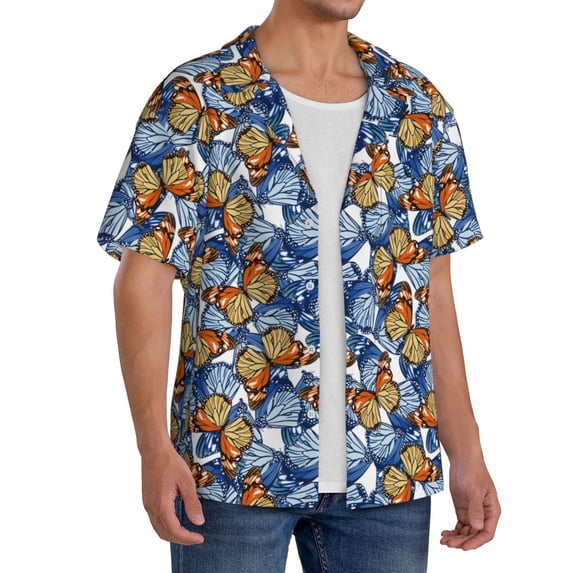 Lsque Colorful Butterfly1 print Men's Cuban Collar Short Sleeve Shirt Summer Beachwear Casual Button Down Fashionable Vacation Leisure Shirt-3X-Large