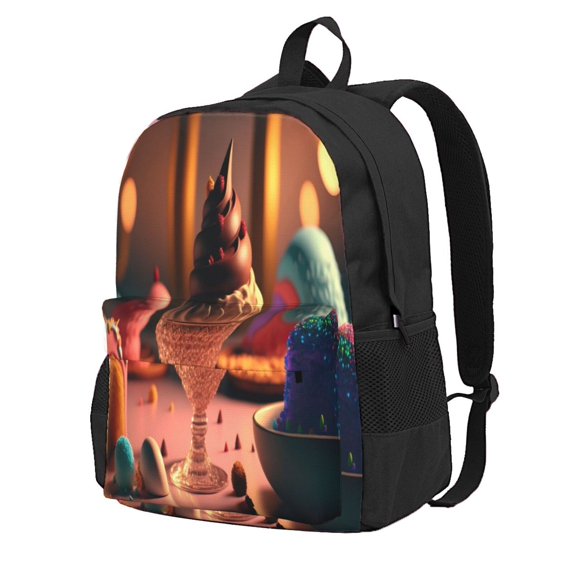 Lsque Colorful Cake Ice Cream Pattern Adult Backpack – Durable & Lightweight PU Canvas Storage Bag , 15” Laptop Compartment, and Multiple Pockets