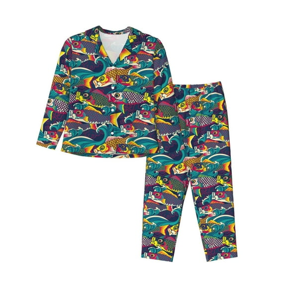 Lsque Colorful Carp Streamer Pattern Long Sleeve Pajama Set for Women - Soft 2-Piece Sleepwear and Loungewear Set with Pockets, Comfy Nightwear-Large