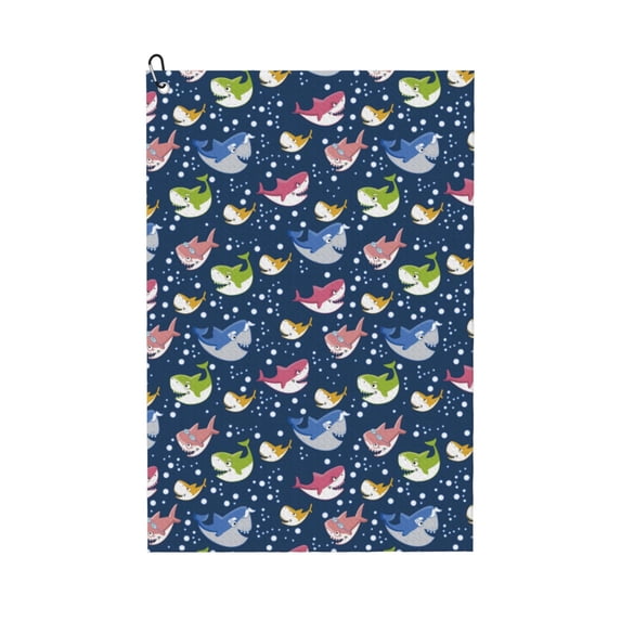 Lsque Colorful Cartoon Shark Premium Golf Towel - Ultra Absorbent and Quick Drying Microfiber Towel with Carabiner - Gift for Men -24" X 16"