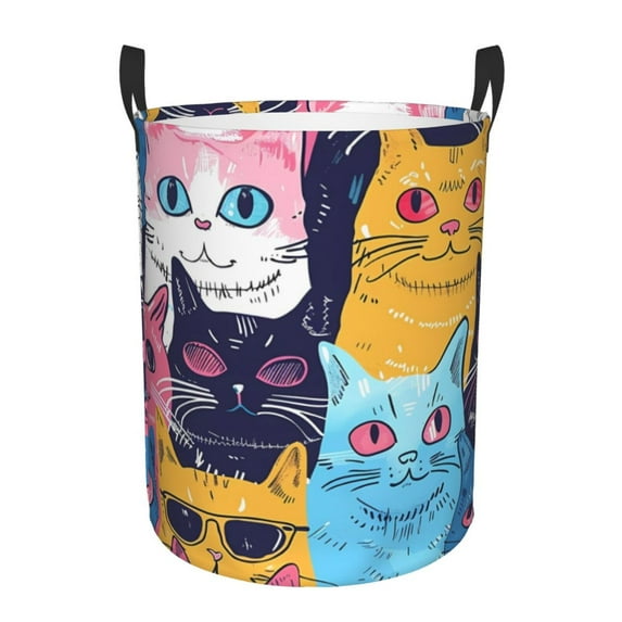 Lsque Colorful Cats Pattern Art Pattern Laundry Hamper Basket, Tall Woven Rope Hamper Basket for Clothes, Lightweight Storage Basket, Collapsible Waterproof-Medium