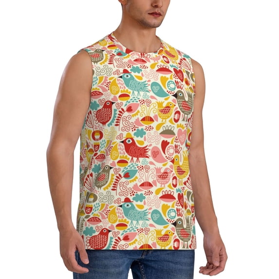 Lsque Colorful Chicken Print Men's Cotton Blend Sleeveless Muscle Shirts (S-3XL)- Moisture Wicking, Odor Protection, UPF 30+,X-Large