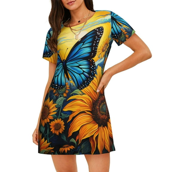 Lsque Colorful Cloud Butterfly Sunflower Pattern Nightgowns for Women Sleep Shirts Short Sleeve Nightshirt Pullover Nightdress Soft Sleepwear Relaxed Fit Nightdress