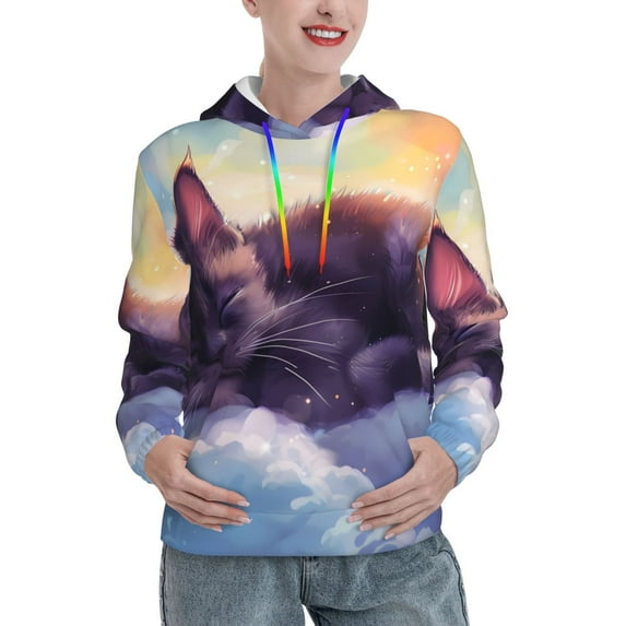 Lsque Colorful Cloud Sleeping Cat Pattern Casual Women's Hoodie,Hooded Sweatshirt with Kangaroo Pocket,Pullover Hoodie with Eye-catching Drawstrings-X-Large