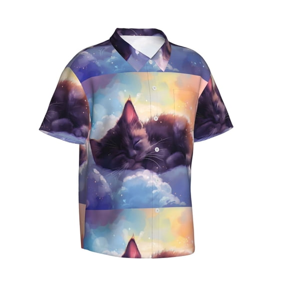Lsque Colorful Cloud Sleeping Cat pattern Hawaiian Shirt for Men, Unisex Summer Beach Casual Short Sleeve Button Down Shirts-Small