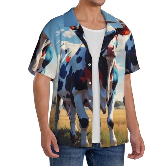 Lsque Colorful Cow Pasture print Men's Cuban Collar Short Sleeve Shirt Summer Beachwear Casual Button Down Fashionable Vacation Leisure Shirt-Medium