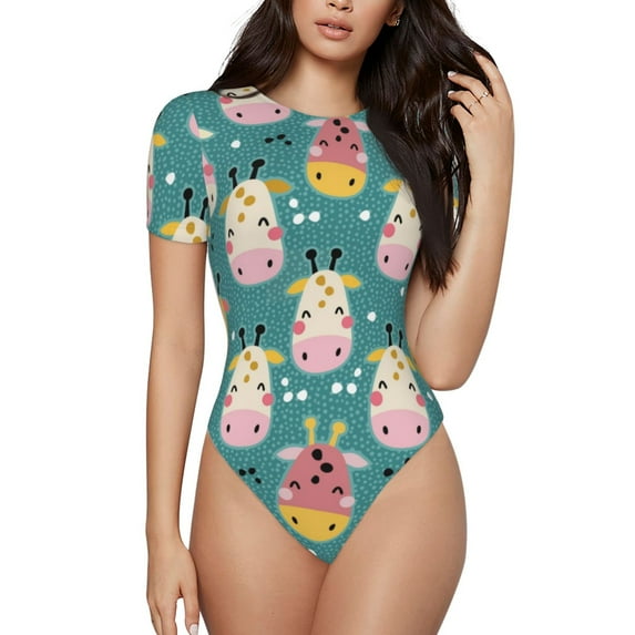 Lsque Colorful Cow Women's Crew Neck Short Sleeve Bodysuit Basic T Shirts Tops Onesie Adult Cute Pajama-Small