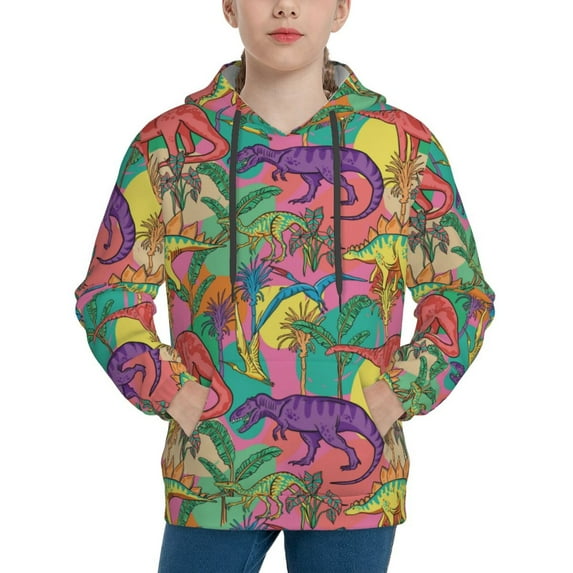 Lsque Colorful Dinosaur Patten Youth Hoodie Sweatshirt Pullover with Kangaroo Pocket Boys and Girls Hoodie Warm Hoodie for Kids-Medium